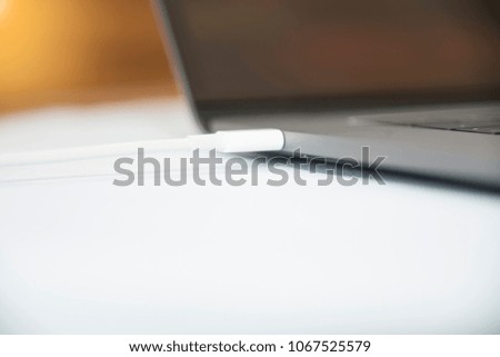 close up laptop with usb port technology concept.