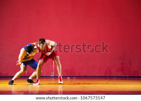 Two strong wrestlers in blue wrestling tights are wrestlng and making a suplex wrestling on a yellow wrestling carpet in the gym. Young man doing grapple.