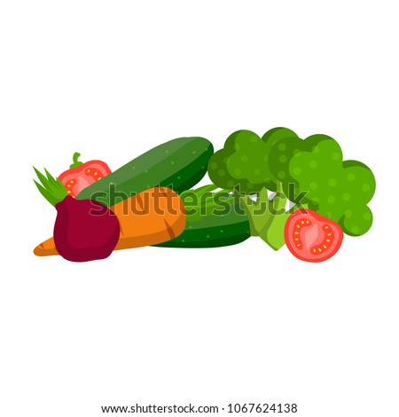 Cartoon flat illustration - set of vegetables for the kitchen. green cucumber, broccoli, tomato and onion, carrot. veggie diet. healthy diet. meal of the day. the rejection of meat.
 Royalty-Free Stock Photo #1067624138