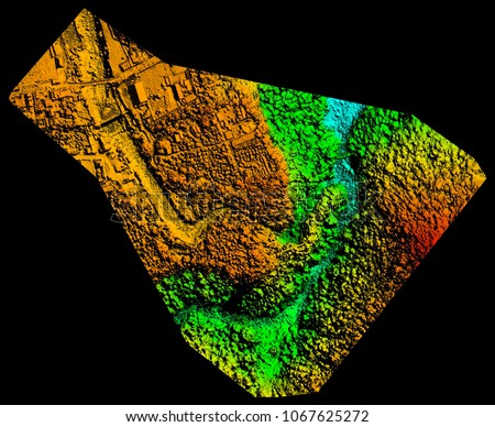 A detailed digital elevation model created through photogrammetry for geographic information system analysis. Royalty-Free Stock Photo #1067625272