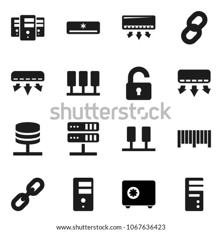 Flat vector icon set - safe vector, server, network, chain, unlock, air conditioner, barcode, computer