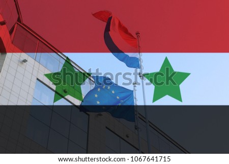 The flag of Syria with background with Russian and EC symbols.