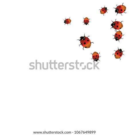 Delicate background with ladybugs. Trendy template for a postcard, stamp, banner or poster. Cute Ladybugs on a white background. Vector
