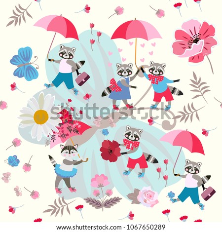 Lovely cartoon raccoons and kitty with umbrellas and flowers on a large blue butterfly. Seamless pattern for children. Cloth, wallpaper. Vector summer design.
