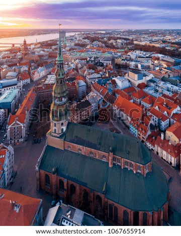 Aerial panoramic view of city Riga,Latvia during colourful sunset. (High iso photography)