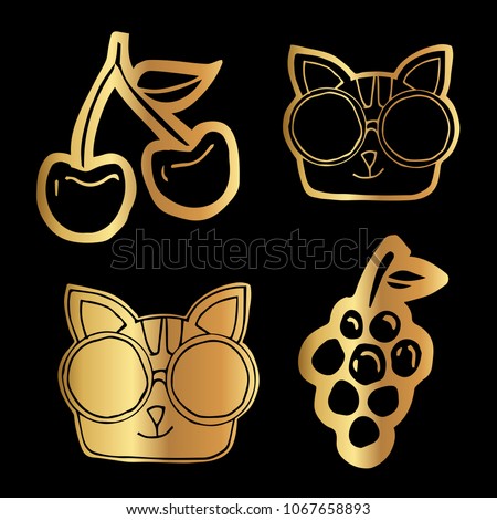 Gold Vector Set Collection of Cherry Food Fruit, Grapes, Cat Animal with Sunglass Summer. Flat Line Icon Logo, Sign, Symbol, Object. Graphic Design Element, Illustration, Poster, Print.