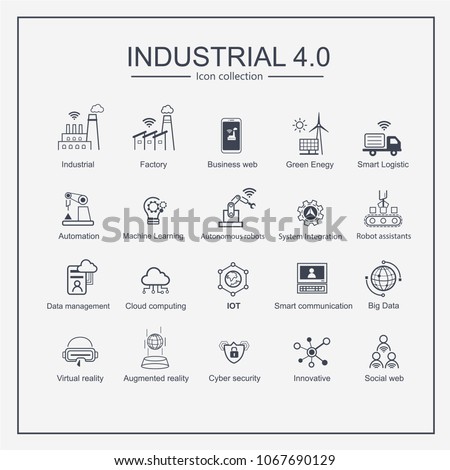 Industry 4.0 and smart productions icon set: smart industrial revolution, automation, robot assistants, cloud and innovation. Royalty-Free Stock Photo #1067690129