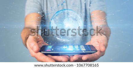 View of a Man holding a 3d rendering data earth globe