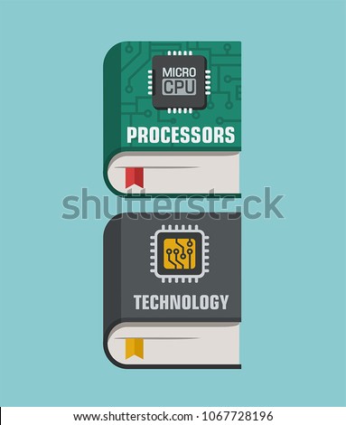 Icon of books about technology of mechanical engineering and processors. On the cover is a microchip and a processor.