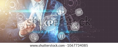 Key Performance Indicator (KPI) using Business Background with infographic versus planned target, person touching screen icon, success concept. Royalty-Free Stock Photo #1067734085