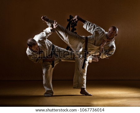 Two karate men fighting in a indoor dojo. Royalty-Free Stock Photo #1067736014