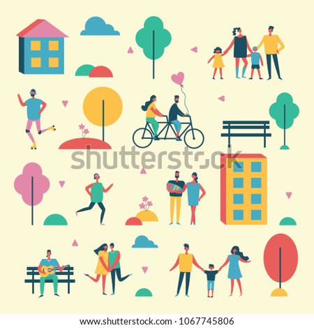 Vector backgrounds in flat design of group people outdoor in the park on weekend