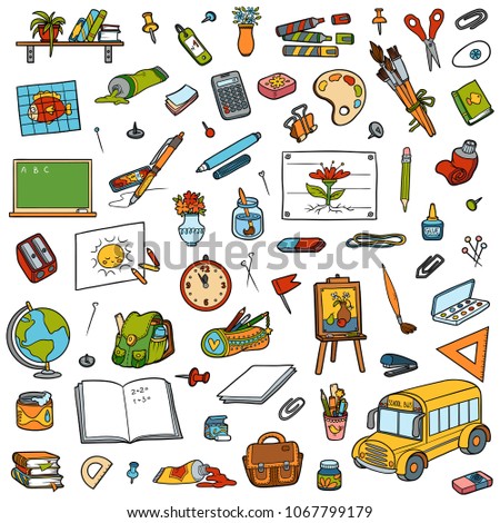 Cartoon set of school objects. Vector colorful collection of stationery and items for study