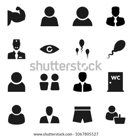 Flat vector icon set - water closet vector, manager, muscule hand, shorts, eye, sperm, doctor, user, consumer, customer