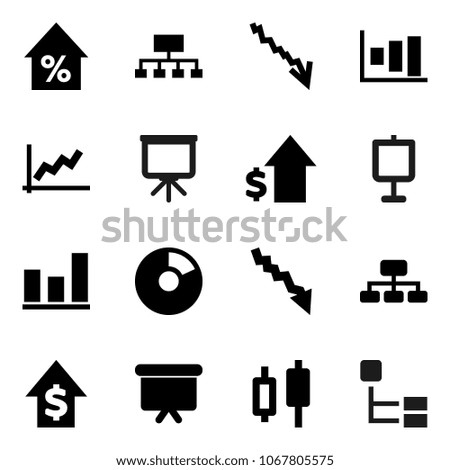 Flat vector icon set - presentation vector, graph, pie, japanese candle, crisis, percent growth, dollar, board, hierarchy