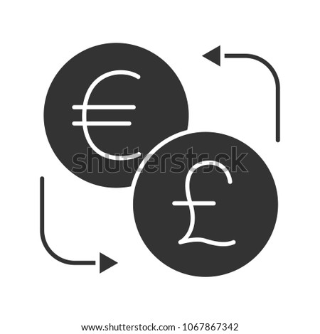 Euro and British pound currency exchange glyph icon. Silhouette symbol. Negative space. Refund. Raster isolated illustration