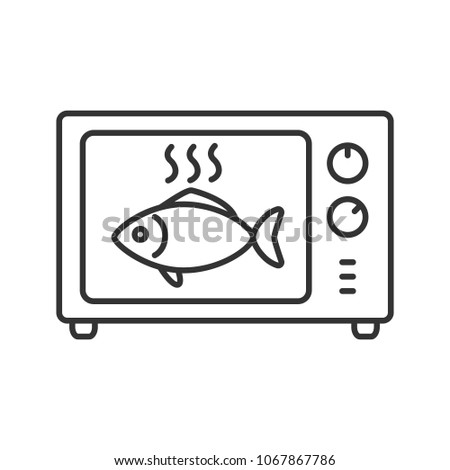 Cooking fish in microwave oven linear icon. Thin line illustration. Reheating meal. Contour symbol. Raster isolated drawing