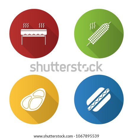 Barbecue flat design long shadow glyph icons set. Grill, corn on skewer, steak, hot dog. Raster silhouette illustration