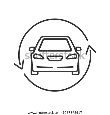 Car with circle arrow linear icon. Complete automobile repair service. Thin line illustration. Used car market. Contour symbol. Raster isolated outline drawing