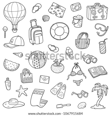 Black and white set of summer objects, vector cartoon collection