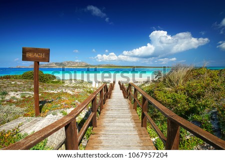 amazing beach La Pelosa Stintino, Sardinia island, sunny spring day Royalty-Free Stock Photo #1067957204