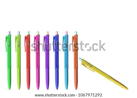 colorful ballpoint pen with yellow pen is pole support isolated on white background