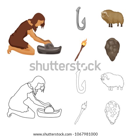 Cattle, catch, hook, fishing .Stone age set collection icons in cartoon,outline style vector symbol stock illustration web.
