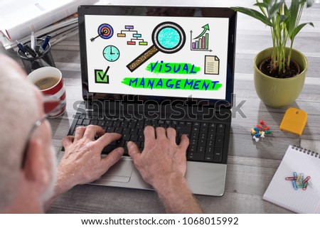Visual management concept shown on a laptop used by a man