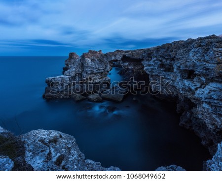 Tulenovo stone arc at Black sea. Night photo.