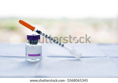 Glass Medicine Vial, 
Botulinum Toxin, hualuronic, collagen or flu Syringe on a white background. covid-19, sars-cov-2. Royalty-Free Stock Photo #1068065345