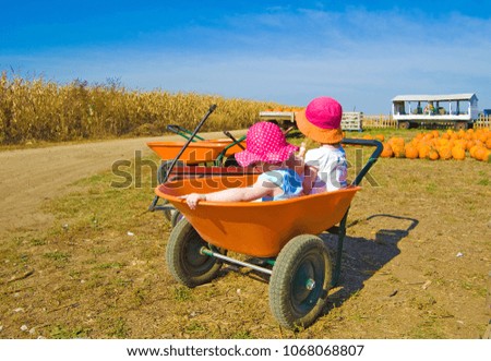 Two little girls in pink hats sitting in an orange wagon on a pumpkin farm beneath a bright blue sky with corn field in background. Photo taken in Wisconsin.