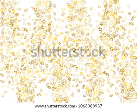 Dog or cat paw gold footprint, isolated on white back layer. Doggo, puppy or kitten foot steps luxury vector contour. Cute animal backdrop of paw foot print for illustration or interior design.
