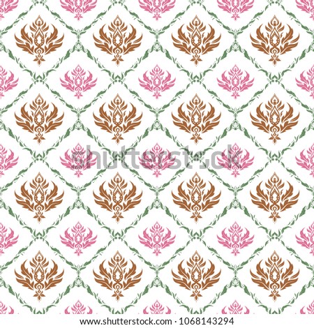 Seamless background. Brown, pink and green ornament. Floral seamless pattern. Wallpaper baroque, damask.