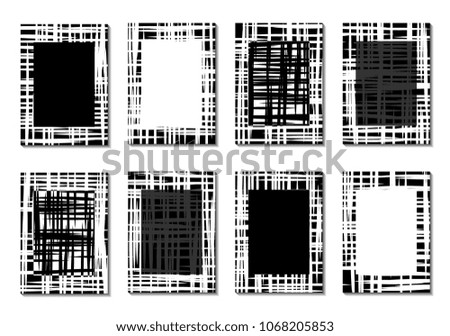 Minimal Covers. Set of 8 Black and White Designs for Covers, Backgrounds or Posters. Monochrome Geometric Backgrounds with Contrast Stripes. Abstract Grid with Clipping Mask. Editable Trendy Covers