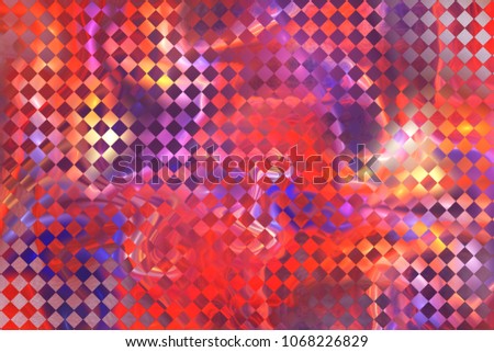 Abstract checkered texture with blue, red and golden glossy shapes. Fantasy fractal background. Digital art. 3D rendering.