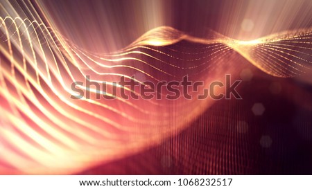 science fiction background of glowing particles with depth of field and bokeh. Particles form line and abstract surface grid. 3d rendering V74 red gold with light rays
