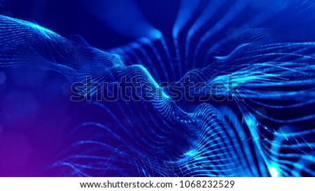 science fiction background of glowing particles with depth of field and bokeh. Particles form line and abstract surface grid. 3d rendering V32 blue