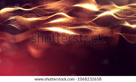 science fiction background of glowing particles with depth of field and bokeh. Particles form line and abstract surface grid. 3d rendering V87 red gold