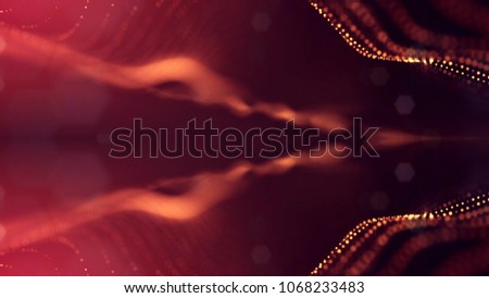 science fiction background of glowing particles with depth of field and bokeh. Particles form line and abstract surface grid. 3d rendering V4 red gold