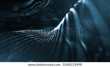 science fiction background of glowing particles with depth of field and bokeh. Particles form line and abstract surface grid. 3d rendering V7 dark background