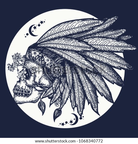 Wild west. Warrior symbol. Indian skull tattoo art. Native American indian feather headdress with human skull t-shirt design 