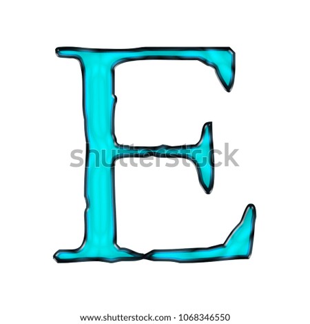 Shiny bright blue glass style letter E (uppercase or capital) in a 3D illustration with a glossy reflective surface and jagged edge font isolated on a white background with clipping path.