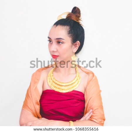 Picture women asian stance displeased in Thai dress, Soft focus