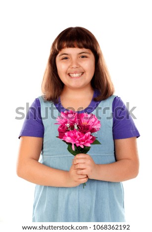 Happy daughter with a present for her mother isolated on a white background