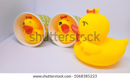 yellow rubber duck family on white background. yellow duck for bathroom