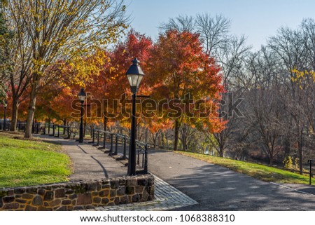 Bright Autumn colors of Smithville Park along the Rancocas Creek in Burlington County New Jersey.