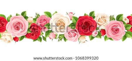 Vector horizontal seamless garland with red, pink and white roses and green leaves.