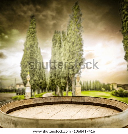 Table background of free space for your decoration and spring landscape of Tuscany. 