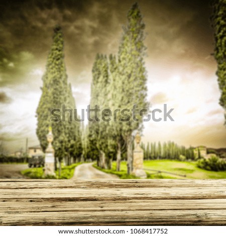 Spring background of tuscany and free space for your decoration on wooden table. 
