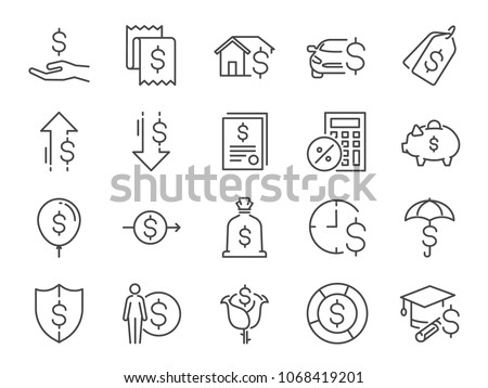 Loan and interest icon set. Included the icons as fees, personal income, house mortgage loan, car leasing, flat rate interest, installment, expense, financial ratio and more Royalty-Free Stock Photo #1068419201